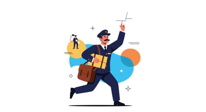 Energetic postman in a blue uniform and cap runs fast to deliver a mailbag and a package on time in an abstract background.