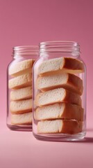 Pastel pink drink bottles with bread slices and peanut curl