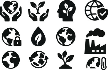 Comprehensive set of ecological and environmental protection icons, illustrating themes of sustainability, conservation, green energy, and global climate awareness for a healthier planet