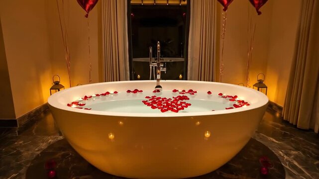 luxury bathroom interior with freestanding bathtub, red heart balloons and rose petals on floor. romantic atmosphere with candlelight. valentine's day celebration. 