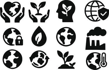 Comprehensive set of diverse vector icons symbolizing global environmental protection, sustainable living, ecological awareness, and climate change solutions for modern eco-friendly designs