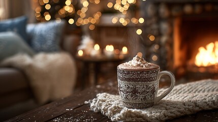 A cozy indoor scene featuring a warm drink, fireplace, and festive decorations