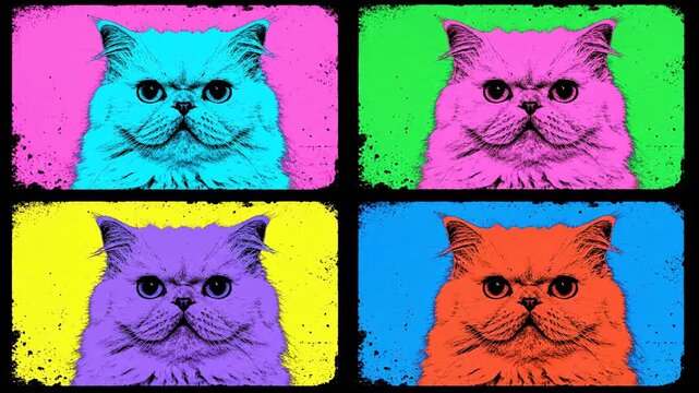 Vibrant pop art style grid featuring four colorful illustrations of a fluffy cat's face against distressed backgrounds.