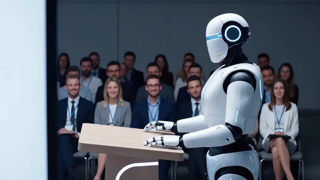 A humanoid robot stands at a podium addressing an audience of formally dressed people in a professional setting with a futuristic tone.