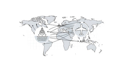 Global logistics network illustrates shipping routes via ocean and air transport worldwide
