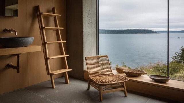 Modern bathroom features wooden ladder, pebble sink, and chair overlooking a tranquil seascape