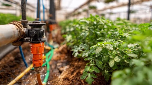 Medium shot of organic fertigation system delivering natural nutrients through drip irrigation in a greenhouse setting highlighting sustainable farming practices.