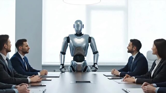 A humanoid robot sits at the head of a conference table with four businesspeople in suits engaged in a meeting with a bright office background.