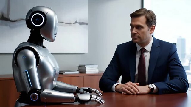 A humanoid robot and a businessman sitting across from each other at a wooden desk in a modern office with a professional mood and natural lighting.