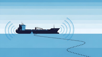 Cargo ship navigates ocean conveying signal in maritime transport operation on water illustrating tracking technology