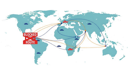 Global shipping faces disruption on world map affecting trade routes with alternative paths in logistics
