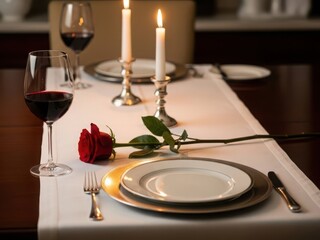 Elegant dining table set with candles and rose