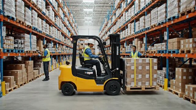 Forklift driver moving pallet in large distribution warehouse with tall shelves and boxes