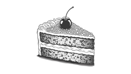 Black and White Cherry Cake Illustration.