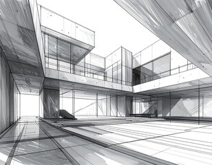 Architectural sketch of a modern, boxy building interior, rendered in soft, monochrome lines with varied shading