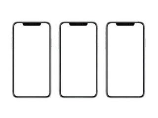 Three smartphones layout isolated on transparent background