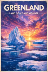 Vintage travel poster of Greenland featuring an Arctic landscape with icebergs, snowy mountains, and dramatic skies in a retro illustration style