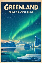 Vintage travel poster of Greenland featuring an Arctic landscape with icebergs, snowy mountains, and dramatic skies in a retro illustration style
