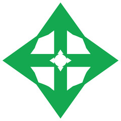 Green diamond shape with white cross and four curved pointed sections