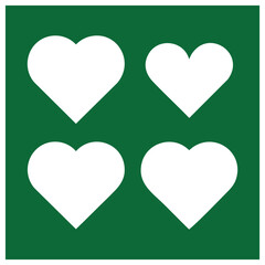 Four white hearts on green background symbol love care and affection