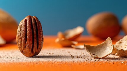 pecan shell and kernel in golden field with windblown grass
