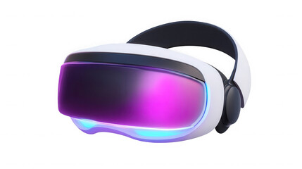 Modern virtual reality headset with vibrant purple screen on transparent background