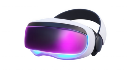 Modern virtual reality headset with vibrant purple screen on transparent background