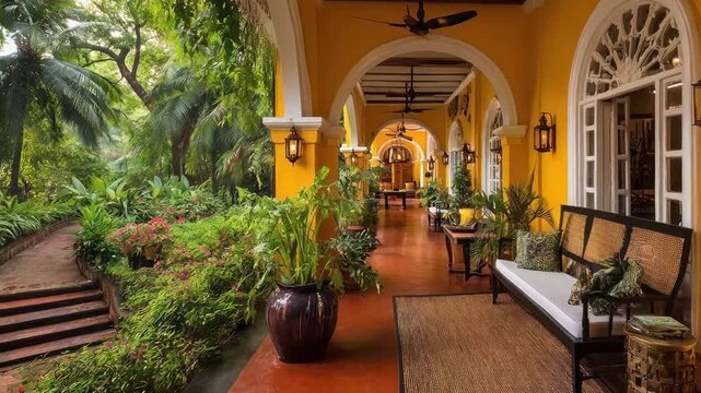 An elegant yellow portico with arched ceilings and lush greenery, leading to a distant interior