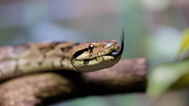 A close-up view of a snake resting on a tree branch.