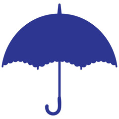Blue umbrella with scalloped edge and curved handle icon for protection and weather symbol