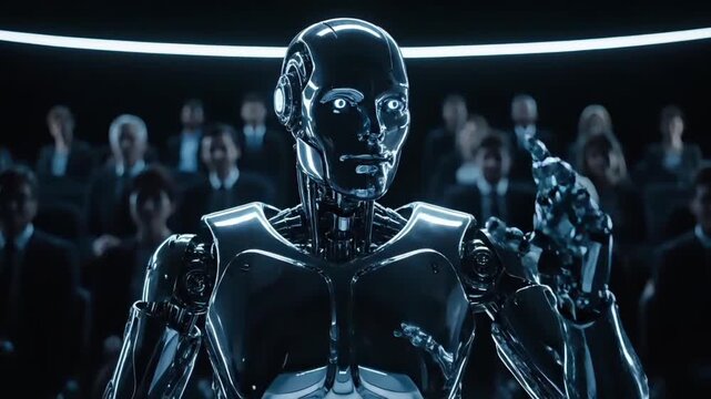 A humanoid robot stands confidently in front of a group of formally dressed people in a dark room with neon lighting.