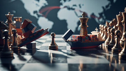 Global trade disruptions portrayed by falling cargo ships affect chessgame world dynamics.