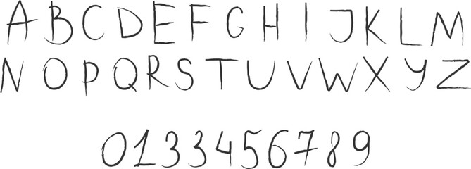 Alphabet and numbers in a distressed font style