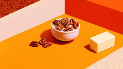 sugar and pecan mix with butter bar on wooden bar surface