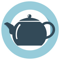 Obraz premium Flat design teapot icon in a blue and white circle with long shadow effect, ideal for tea, coffee, and kitchen themes.