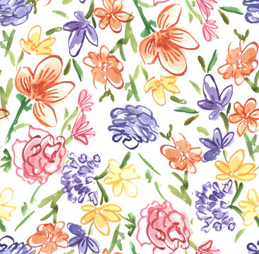 white  background multi color floral water textured seamless print pattern  for beautiful summers 