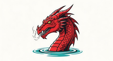 Fierce Red Dragon Head Emerging from Water Mascot Vector Illustration