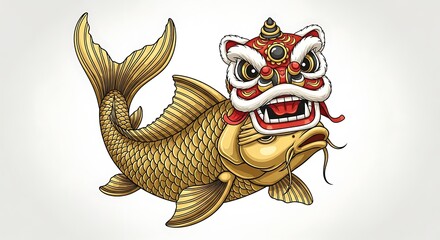 Golden Koi Fish with Lion Dance Mask Illustration for Chinese New Year