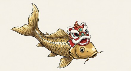 Golden Carp Koi Fish wearing Chinese Lion Dance head mascot illustration