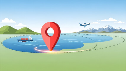 Globaltrade pinpoint tracks shipments using modern transport in animated landscape.