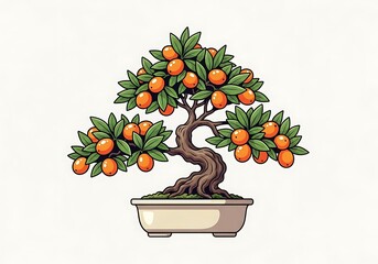 Citrus Bonsai Tree Cartoon Illustration with Orange Fruits and Leaves
