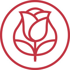 Minimal Red Rose Line Icon in Circle.