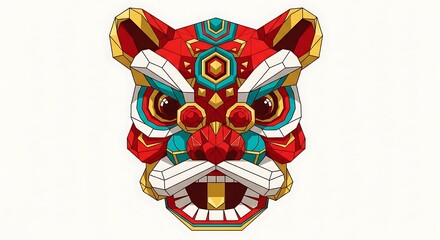 Geometric Chinese Lion Dance Mask Illustration for Lunar New Year Celebration