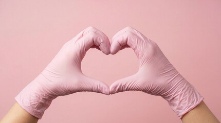 Obraz premium Hands in medical pink gloves forming a heart shape on soft pink studio background, symbolizing healthcare, compassion, support, and protection in the medical field. Copy Space