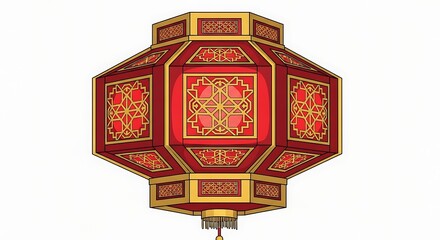 Traditional Red and Gold Ornate Chinese Lantern Vector Illustration on White