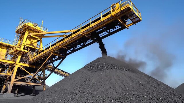 Industrial Conveyor Belt Transporting Raw Coal, industrial mining concept