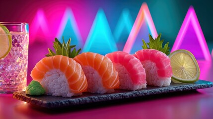 Fresh Salmon and Tuna Nigiri Sushi with Neon Cyberpunk Background