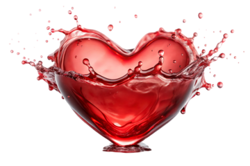Red liquid splashing in a heart shape on a transparent background