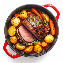Pot Roast in a Red Pot with Potatoes and Carrots Isolated on a White Background