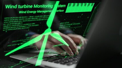 A modern wind turbine monitoring system interface illustrating data analysis and energy management in a sleek, digital format, emphasizing renewable energy's role in technology. Cipher - Powered by Adobe